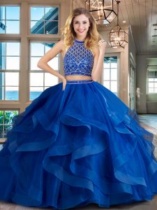 Halter Top Backless Royal Blue Ball Gown Prom Dress Tulle Brush Train Sleeveless Beading and Ruffles