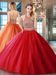Enchanting Red Vestidos de Quinceanera Military Ball and Sweet 16 and Quinceanera and For with Beading and Appliques Halter Top Sleeveless Brush Train Backless