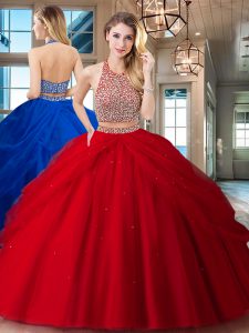 Red Two Pieces Halter Top Sleeveless Tulle Floor Length Backless Beading and Pick Ups Vestidos de Quinceanera