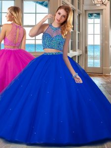 High Quality Floor Length Royal Blue Quinceanera Dresses High-neck Sleeveless Lace Up