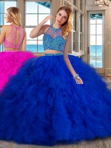 Designer Royal Blue High-neck Neckline Beading and Ruffles Quinceanera Gown Sleeveless Lace Up