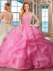 Charming Baby Pink Sleeveless Organza Brush Train Lace Up 15th Birthday Dress for Military Ball and Sweet 16 and Quinceanera