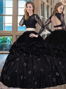 Shining Scoop Black Long Sleeves Taffeta Backless 15 Quinceanera Dress for Military Ball and Sweet 16 and Quinceanera