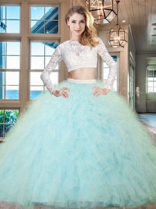 Scoop Long Sleeves Beading and Lace and Ruffles Zipper Sweet 16 Quinceanera Dress
