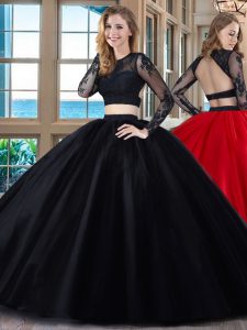 Scoop Long Sleeves Floor Length Backless Quince Ball Gowns Black and Red for Military Ball and Sweet 16 and Quinceanera with Appliques