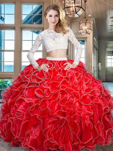 Nice Scoop Red Zipper 15 Quinceanera Dress Beading and Lace and Ruffles Long Sleeves Floor Length