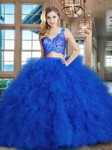 Royal Blue Two Pieces Lace and Ruffles Quinceanera Dress Zipper Tulle Sleeveless