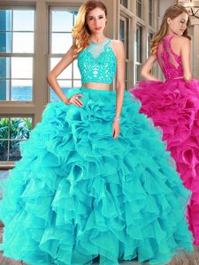 Organza Scoop Sleeveless Lace Up Appliques and Ruffles Quinceanera Dresses in Aqua Blue