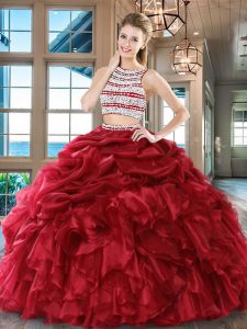 Noble Pick Ups Two Pieces Quinceanera Dress Wine Red Scoop Organza Sleeveless Floor Length Backless