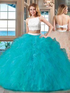 Low Price Straps Beading Ball Gown Prom Dress Blue Backless Sleeveless Floor Length