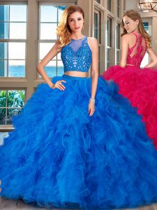 Blue Zipper Scoop Beading and Ruffles Quince Ball Gowns Tulle Sleeveless