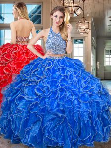 Gorgeous Halter Top Beading and Ruffled Layers Quinceanera Gown Royal Blue Backless Sleeveless Floor Length