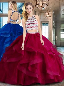 Scoop Wine Red Backless Quince Ball Gowns Beading and Ruffles Sleeveless With Brush Train