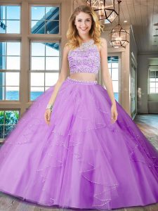 Superior Tulle Scoop Sleeveless Backless Beading and Ruffles Vestidos de Quinceanera in Lilac