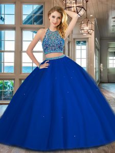 Floor Length Royal Blue Quinceanera Gowns Scoop Sleeveless Backless