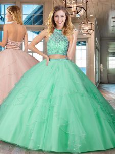 Popular Apple Green 15 Quinceanera Dress Military Ball and Sweet 16 and Quinceanera and For with Beading and Ruffles Halter Top Sleeveless Backless