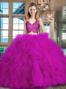Luxurious Sleeveless Tulle Brush Train Zipper Quince Ball Gowns in Fuchsia with Lace and Ruffles