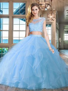 Pretty Scoop Light Blue Cap Sleeves Organza Brush Train Zipper Quince Ball Gowns for Military Ball and Sweet 16 and Quinceanera