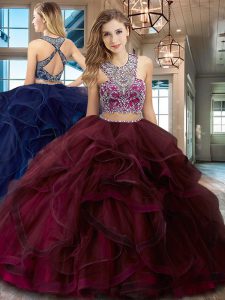 Scoop Beading and Ruffles Quinceanera Gown Burgundy Criss Cross Sleeveless With Brush Train