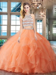 Scoop Sleeveless Organza With Brush Train Backless Quince Ball Gowns in Orange with Beading and Ruffles