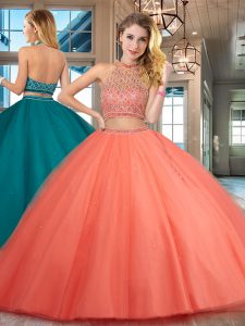 Halter Top Backless Floor Length Orange Red Quinceanera Gowns Tulle Sleeveless Beading