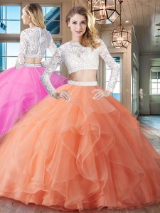 Orange Two Pieces Organza Scoop Long Sleeves Beading and Lace and Ruffles Zipper Sweet 16 Quinceanera Dress Brush Train