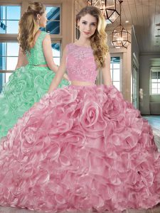 Adorable Pink Two Pieces Lace and Ruffles Sweet 16 Dresses Lace Up Organza Sleeveless With Train