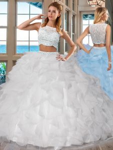 Luxurious Floor Length Side Zipper 15 Quinceanera Dress White for Military Ball and Sweet 16 and Quinceanera with Beading and Ruffles