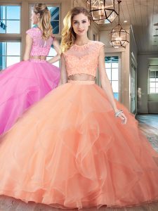 New Style Scoop Cap Sleeves Organza With Brush Train Zipper 15th Birthday Dress in Peach with Beading and Appliques and Ruffles