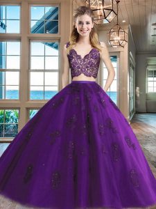 Noble Tulle Sleeveless Floor Length Quinceanera Dress and Lace and Appliques