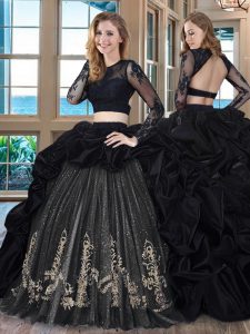 Best Selling Black Backless Scoop Embroidery and Pick Ups Sweet 16 Dress Taffeta Long Sleeves Brush Train