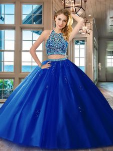 Deluxe Royal Blue Sweet 16 Dresses Military Ball and Sweet 16 and Quinceanera and For with Beading Scoop Sleeveless Backless