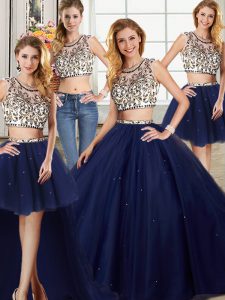 Sexy Four Piece Scoop Navy Blue Ball Gowns Beading Vestidos de Quinceanera Backless Tulle Cap Sleeves With Train