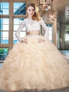 Custom Designed Scoop Long Sleeves Organza Quinceanera Dresses Beading and Lace and Ruffles Zipper