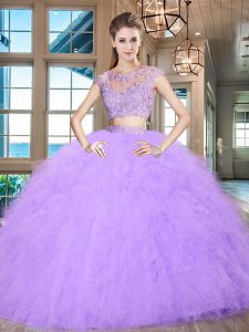 Inexpensive Scoop Floor Length Lavender Vestidos de Quinceanera Tulle Cap Sleeves Beading and Appliques and Ruffles