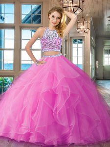 Fabulous Lilac Organza Backless Scoop Sleeveless Floor Length 15th Birthday Dress Beading and Ruffles