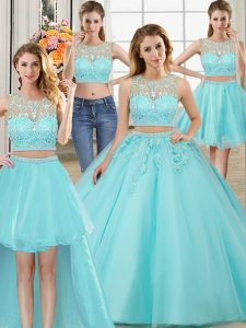 Four Piece Scoop Sleeveless Floor Length Beading and Appliques Zipper Sweet 16 Quinceanera Dress with Aqua Blue