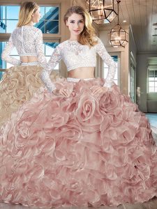 Inexpensive Scoop Pink Organza Zipper Quinceanera Gown Long Sleeves Brush Train Beading and Lace and Ruffles