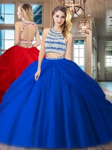 Excellent Scoop Backless Floor Length Royal Blue Quinceanera Dresses Tulle Sleeveless Beading and Pick Ups