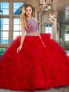 Scoop Red Sleeveless Floor Length Beading and Ruffles Backless Quinceanera Gown