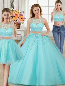 Discount Three Piece Scoop Beading and Appliques Ball Gown Prom Dress Aqua Blue Zipper Sleeveless Floor Length