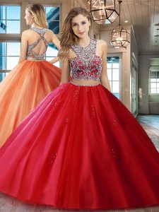 Red Two Pieces Tulle Scoop Sleeveless Beading and Appliques With Train Criss Cross Ball Gown Prom Dress Brush Train