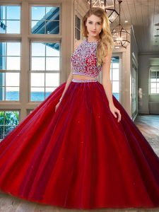 Vintage Red Two Pieces Tulle Scoop Sleeveless Beading Backless Quinceanera Dresses