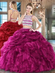 Fine Fuchsia Scoop Neckline Beading and Ruffles and Pick Ups Ball Gown Prom Dress Sleeveless Backless