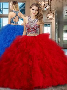 Exquisite Scoop Beading and Ruffles Quinceanera Gown Red Criss Cross Sleeveless With Brush Train