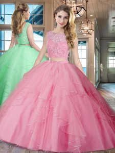Tulle Sleeveless With Train Quince Ball Gowns Brush Train and Lace and Ruffles