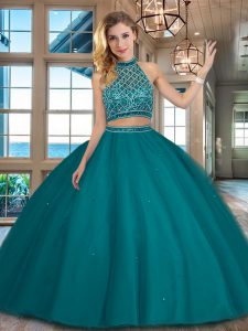 Inexpensive Halter Top Teal Sleeveless Tulle Backless Quinceanera Gowns for Military Ball and Sweet 16 and Quinceanera