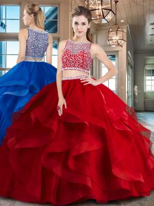 Chic Red Two Pieces Beading and Ruffles Quinceanera Dress Side Zipper Tulle Sleeveless Floor Length