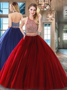 Halter Top Sleeveless Tulle Floor Length Backless Sweet 16 Dress in Wine Red with Beading