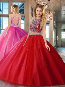 Latest Red Scoop Neckline Beading Quinceanera Gown Sleeveless Backless